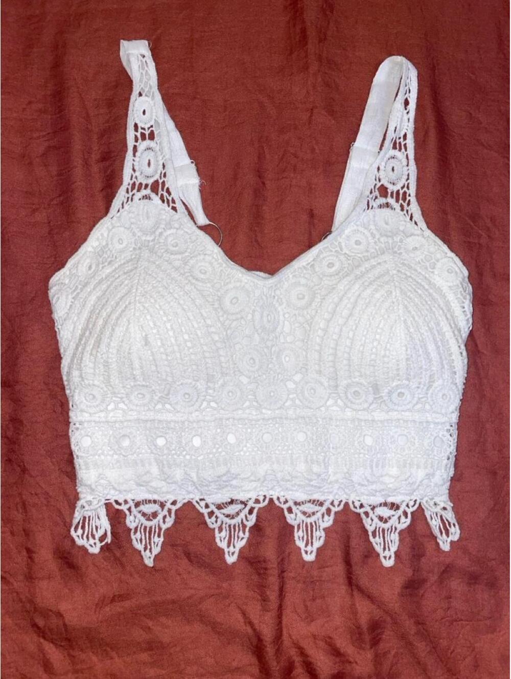 Rebellion Women's White Lace Crop Top with Circular Floral Embroidery, Size XS